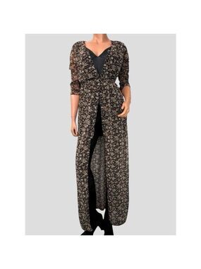 Bershka Maxi Micro Floral Brown Button Down Dress S High Split Duster Y2K Indie